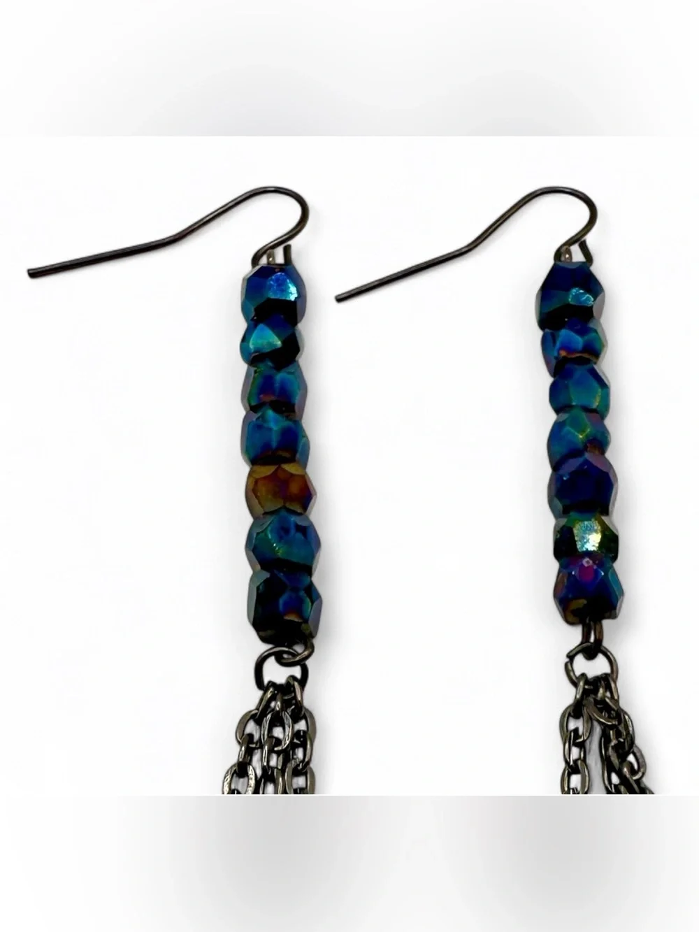 OOAK 4.5”L Vintage Glass Beaded Earrings w/ Gunmetal Chains Custom Handmade